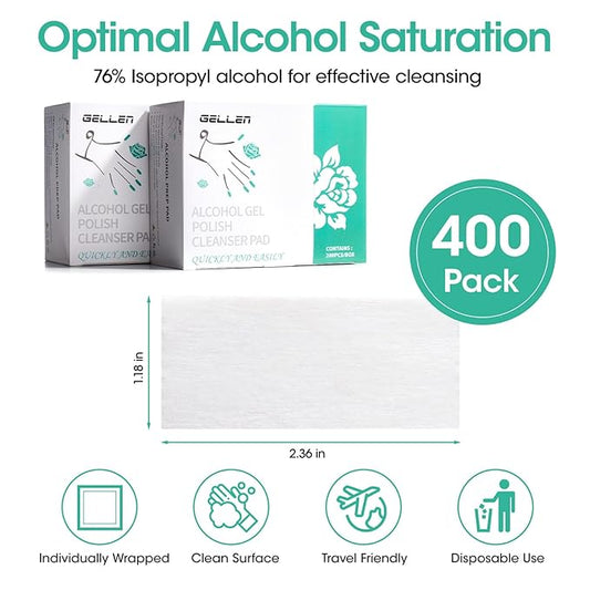 Gellen 400 Pack Nail Cleanser Pads, Alcohol Pads for Nails, Individually Wrapped Nail Prep Pads, Lint-free Tacky Layer Residue Remover Wipes for Acrylic & Builder Gel Polish Press-ons