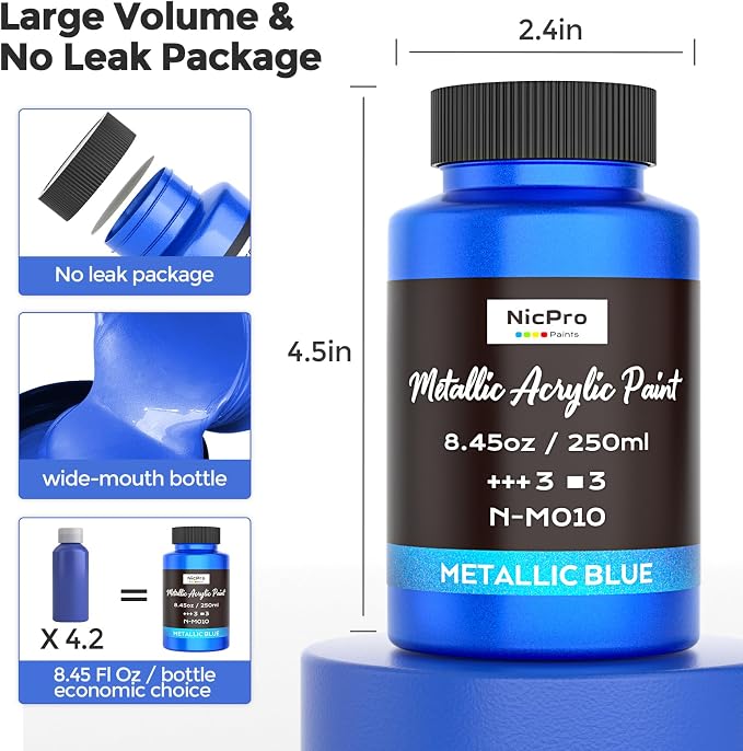 Nicpro Metallic Blue Acrylic Paint, 8.45oz/250ml Large Metallic Paint | Non - Image 6