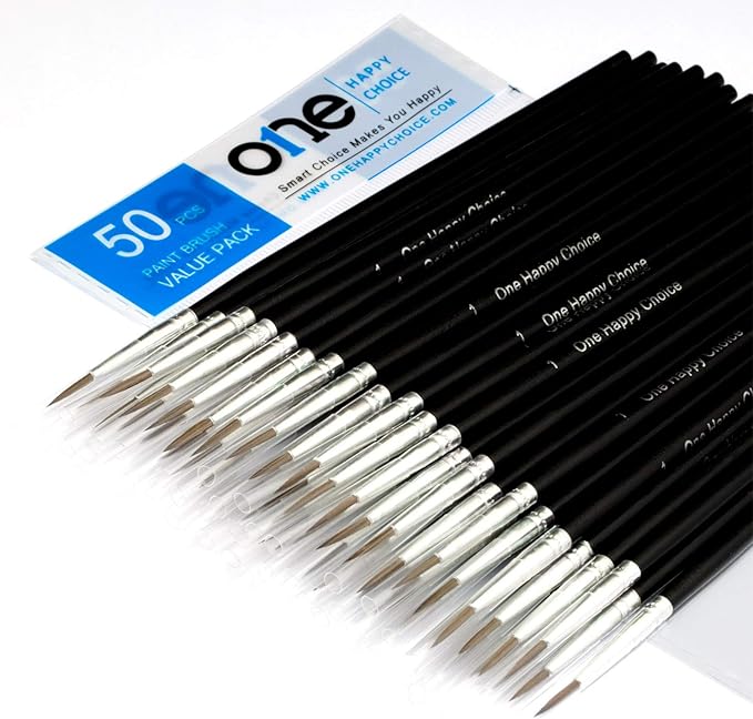 50 Pcs Fine Detail Synthetic Paint Brush Set, Pointed Round Size #1 Large | by ONEHAPPYCHOICE