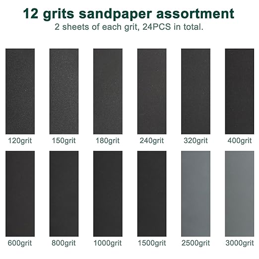 24PCS Sandpaper Assortment 12 Grits Wet Dry Sandpaper Sheets,Silicon Carbide Sanding Paper 120 to 3000 Grit Fine Sandpapers and Coarse Sand Paper for Metal, Wood Furniture and Automotive (9x3.6 Inch)