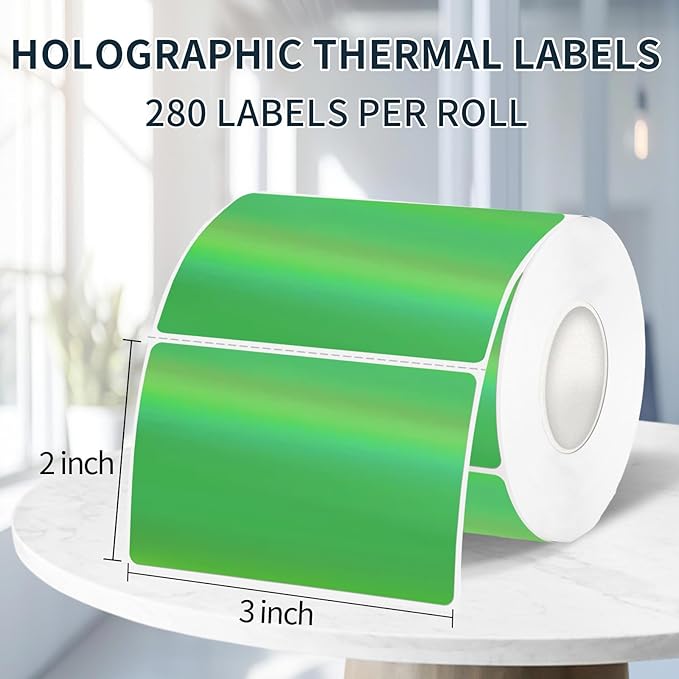 2" x 3" Holographic Thermal Label Stickers Green,Printable Rainbow Glitter Thermal Printer Sticker Labels for Gift Wrapping, Self-Adhesive Name Price Tag DIY Custom Logo Design (280 pcs)