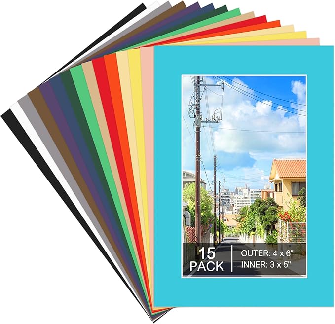 15 Pack 4x6 Picture Mats, Mixed Colors Frame Mattes for 3x5 Pictures Photo Frame Mat Core Bevel Cut Mat Board Show Kit for Photos, Prints, Artworks