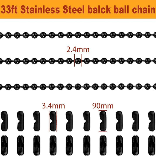 Jishi Steel Ball Chain Bead Dog Tag Chain Beaded Necklace Chains for Jewelry Making Bracelet Military Crafts, Silver Metal Pull Chain Small Ball Bead Chain Roll w/20 Connectors (Black, 33ft 2.4mm)