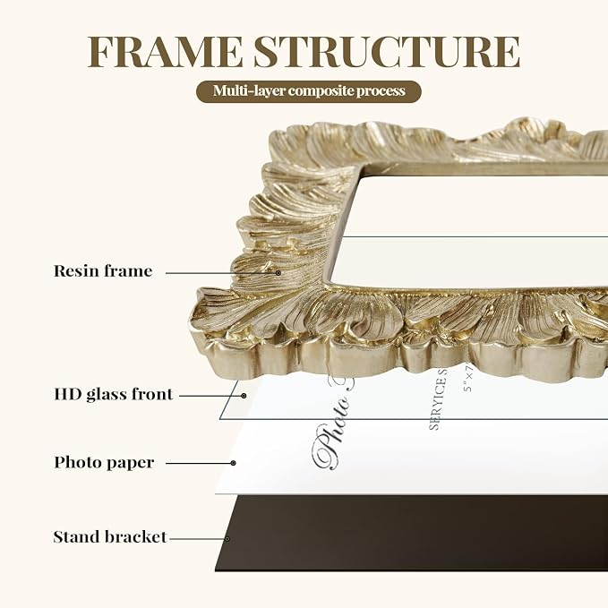 Cuspin 5x7 Picture Frame Gold Frames, Vintage Ornate Palm Leaves Textured - Image 5