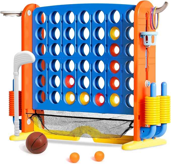 Giant 4 in a Row Connect Game with Mesh Fabric | Height Adjustable 4-in-1 Jumbo 4-to-Score Yard Game Set with Basketball, Golf & Ring Toss | Outdoor Indoor Family Yard Party Game for Kids & Adults