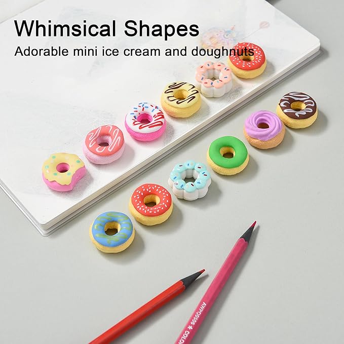 HILAZA Donut Erasers for Kids Bulk, 24 Pieces 3D Cute Fun Food Erasers for Party Favors Classroom Prizes