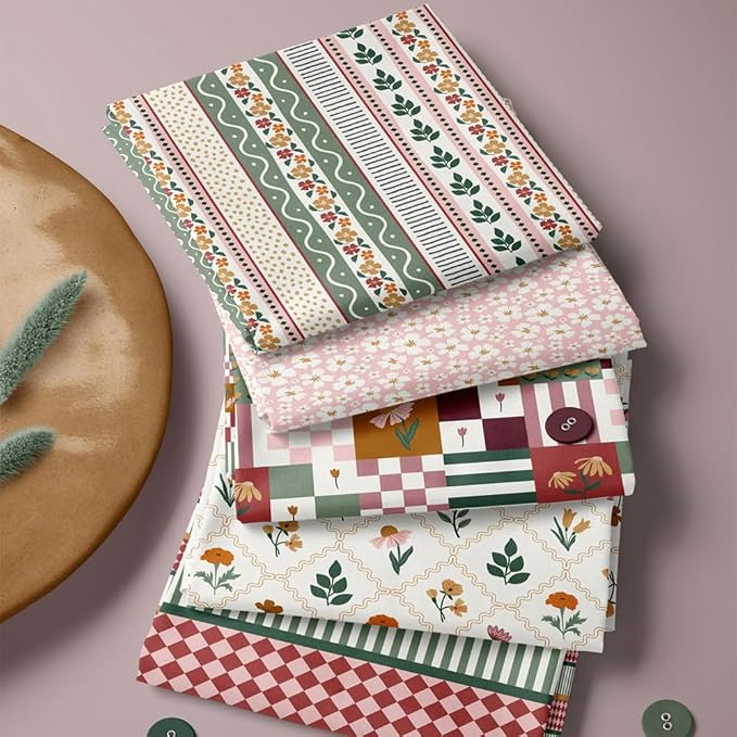 Pink & Green Floral Cotton Fabric Bundle, 5 Coordinating Fabric Panels by FabricsTown