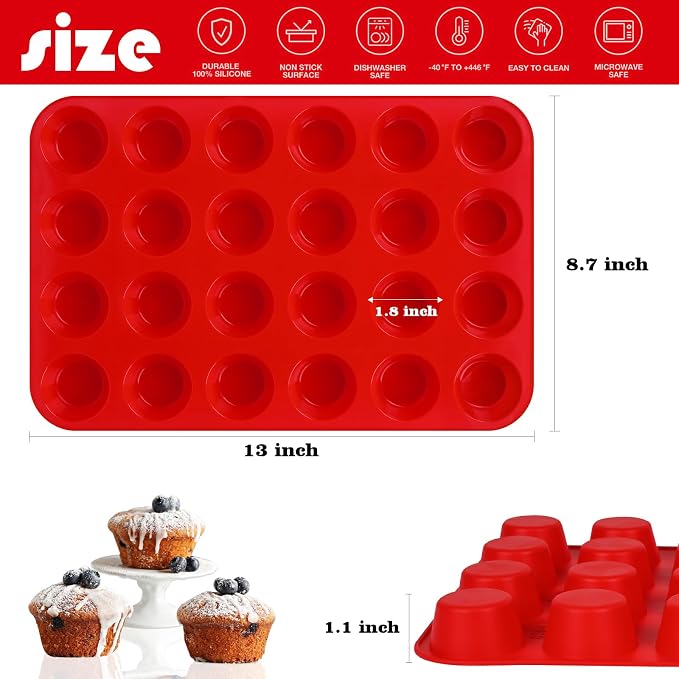 Sakolla 2 Pack Silicone Muffin Pan, Nonsticks 24 Cups Mini Cupcake Pans - Image 3
