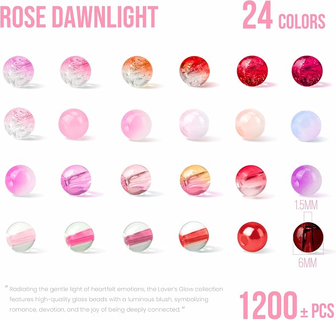 1200PCS 6mm Pink Glass Beads for Bracelets, 24 Colors Red and Pink Series - Image 2