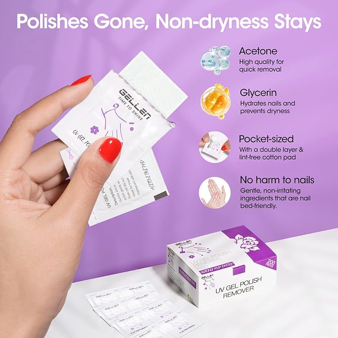 Gellen Acetone Gel Nail Polish Remover Pads: 400 Pack Professional Nail Polish Remover Pads, Individually Wrapped Travel Bulk Set to Remove Gel Fingernail Polish for Home & Salon Supplies