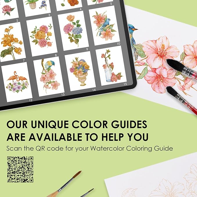 Grabie Watercolor Coloring Book, 15 Sheets Art Pad A5 (8.3 x 5.8), Cotton Watercolor Book for Adults(Floral)
