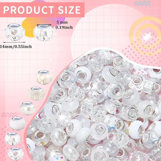 200Pcs Large Hole Beads Spacer Beads White Assorted European Craft Big Beads - Image 2