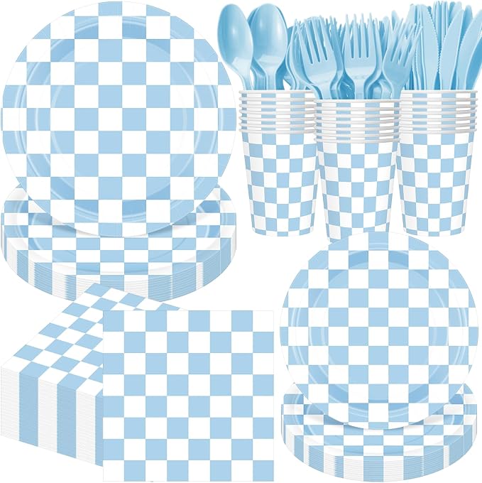 Pickmesh 400 Pcs Blue and White Checkered Party Decorations Set Light Blue by Pickmesh