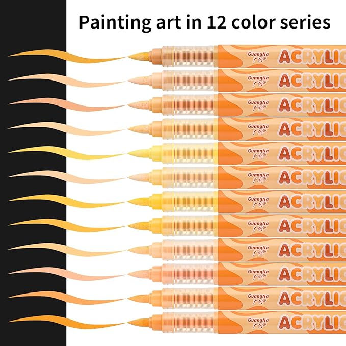 Guangna Acrylic Paint Markers 12 Colors, Skin Tone Series Set with Soft Brush Tip Water Based, Fine Tip Markers for Wood, Canvas, Rock Painting, Glass, Diy Crafts, Fabric Paint