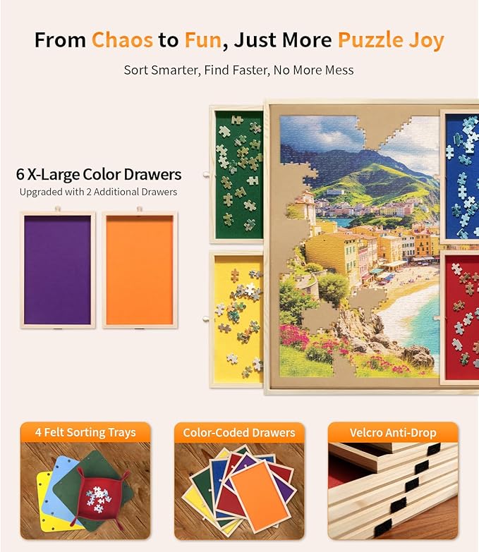 1000 Piece Rotating Puzzle Board Pro, 29" x 21" with 6 Drawers, Rubber Cover Mat, 360° Lasy Susan, Sort-Wise Colorful Felt Drawers & 4 Trays, Wooden Jigsaw Puzzle Table, Birthday Gifts for Mom