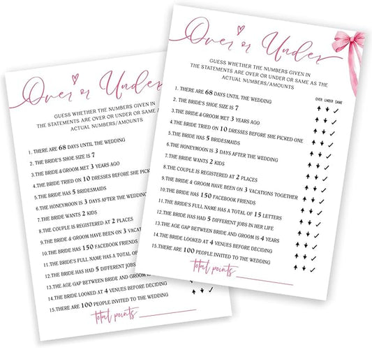 Bridal Shower Games Cards, Guess Over or Under, Bridal Shower Games 25 Guests, Engagement Party Wedding Games for Guests, Pink Ribbon Bow Wedding Party Supplies - E13