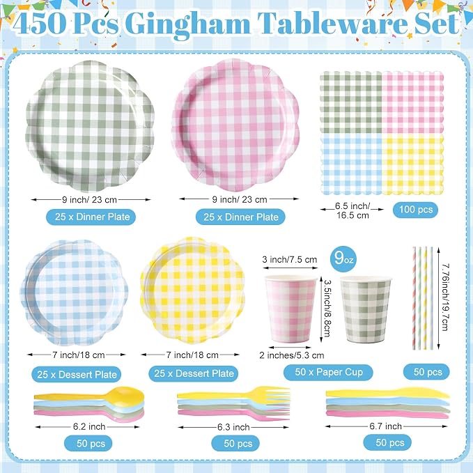 450 Pcs Gingham Tableware Set Decorations Pastel Plaid Paper Plates Napkins - Image 2
