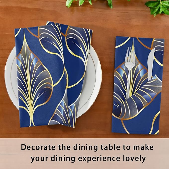 ALAZA Art Deco Floral Royal Blue & Gold Cloth Napkins Set of 1, 20x20 Inch Washable and Reusable Napkin for Decoupage Dinner Party Everyday Use