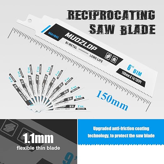 10 Pack 6inch Reciprocating Saw Blades Set,14/18 TPI High Carbon Saw Blades, Metal Saw Blades with Organizer Case (10, 14/18TPI/150mm)