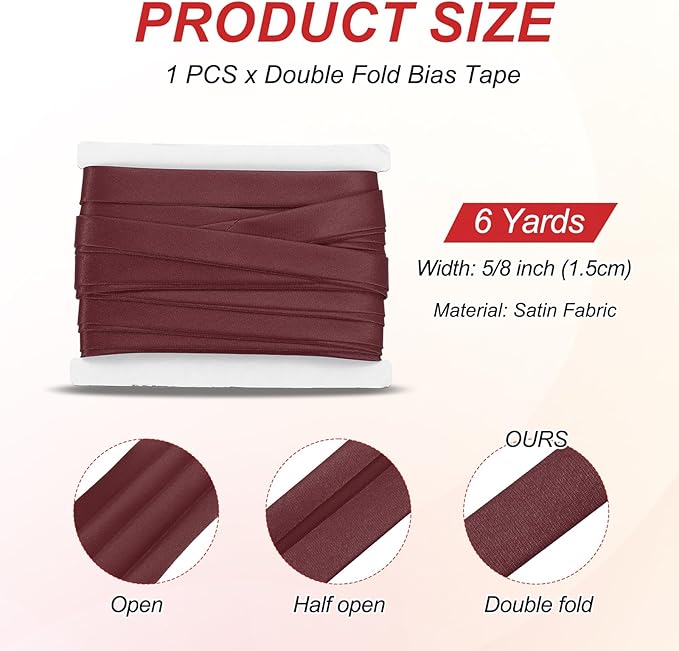 MECCANIXITY Double Fold Bias Tape for Sewing 5/8 Inch x 6 Yards Satin Pre-fold Continuous Binding Tape for Seaming Quilting Hemming Binding DIY Crafts, Wine Red