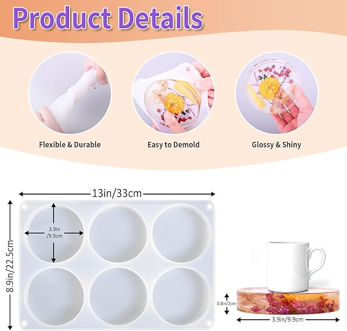 Resin Coaster Molds, 6-Cavity Silicone Coaster Molds for Epoxy Resin, Large DIY Deep Round Silicone Mold for Art Home Decoration