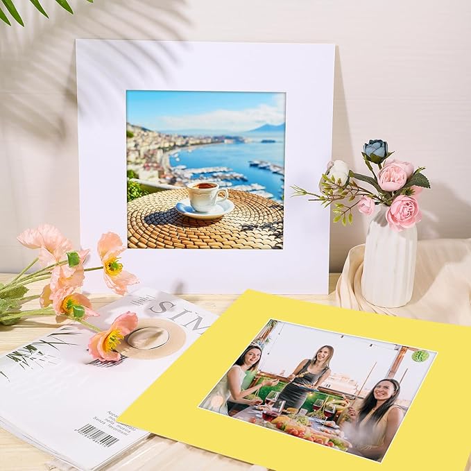 15 Pack 12x12 Picture Mats, Mixed Colors Frame Mattes for 8x8 Pictures Photo Frame Mat Core Bevel Cut Mat Board Show Kit for Photos, Prints, Artworks