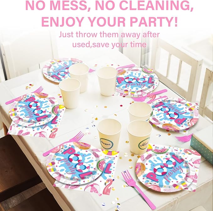 Qyeahkj 100 Pcs Summer Pool Party Plates and Napkins Set Pink Swimming Pool - Image 5
