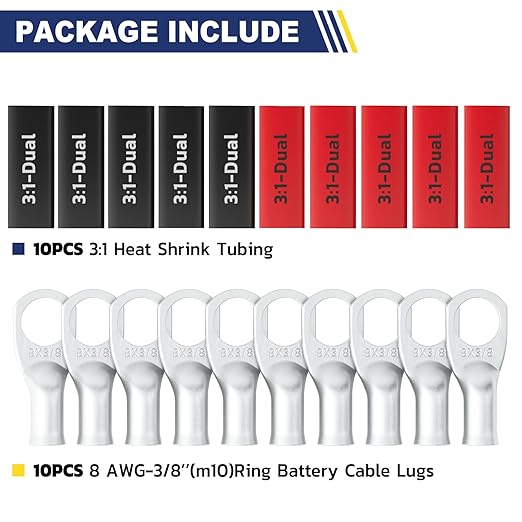 haisstronica 10pcs 8 AWG - 3/8" (M10) Tinned Copper Battery Lugs, Heavy Duty Copper Wire Lugs with 10pcs 3:1 Adhesive Heat Shrink Tubing, 8 Gauge Wire Lugs, Tinned Copper Battery Cable Ends