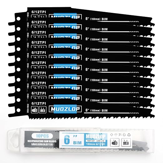 10 Pack 6inch Reciprocating Saw Blades Set,6/12TPI High Carbon Saw Blades,Woodcutting Saw Blades with Organizer Case (10, 6/12TPI/150mm)