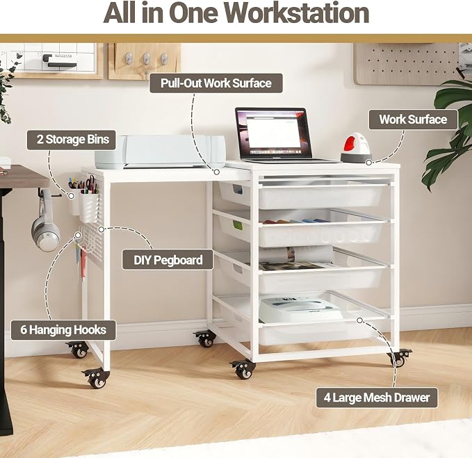 Craft Table with Wheels & Drawer, Extendable Cart with Pegboard, Arts and - Image 4