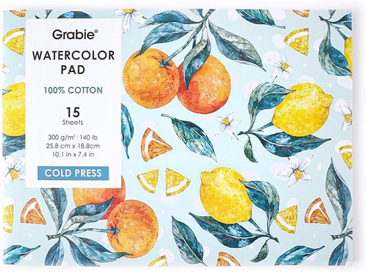 Grabie Watercolor Paper Pad, 100% Cotton, 15 Sheets, B5 (10.1 x 7.4), 140lb (300gsm), Glue Bound, Acid-Free Cold Pressed Watercolor Paper, Art Supplies for Watercolor Techniques (B5)