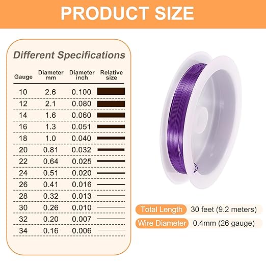HARFINGTON 30ft Jewelry Wire, 26 Gauge (0.4mm) Brass Craft Soft Metal Tarnish Resistant Copper Beading Wire for Jewelry Making Supplies Crafting, Purple