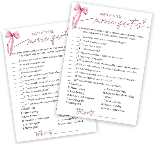 Bridal Shower Games Cards, Match These Movie Quotes, 25 Cards with 1 Answer Card, Engagement Party Games for Guests, Pink Ribbon Bow Wedding Party Supplies - E09
