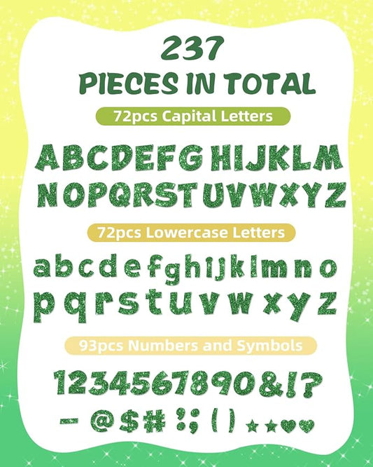 237 Pcs Glitter Bulletin Board Letters, Numbers and Punctuation, Poster Board Letters Alphabet Cut Out Cardboard Letters Accessories for Classroom Display Decorating Supplies 4inch (Green)