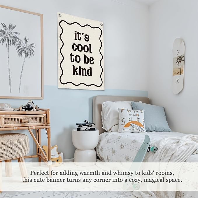 Affirmation Wall Decor It's Cool to be Kind Linen Canvas Banner,Nursery Decor Wall Hanging Flag for Bedroom Playroom Classroom Kids Rroom 18x25 Inch