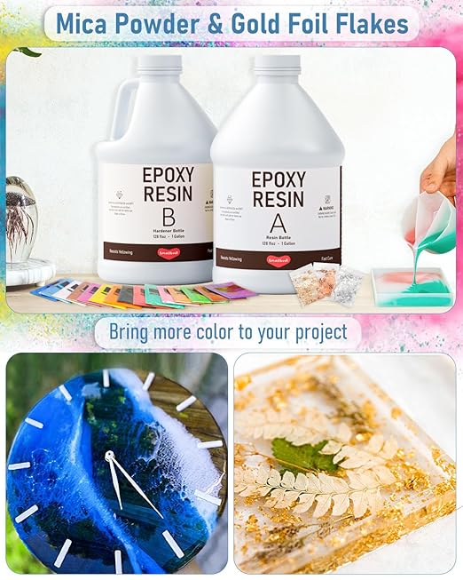 2 Gallon Epoxy Resin Kit with 36 Colors Mica Powder, Gold Foil, Cups & Stick, Crystal Clear Resin Beginner Supplies for Coating Casting Table, Molds, Jewelry Making, DIY Art Craft, 1:1 Ratio