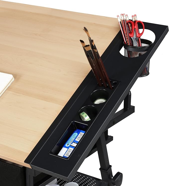 Yaheetech Adjustable Drafting Table Art Desk, Storage Drawers & Stool, Wood | - Image 8