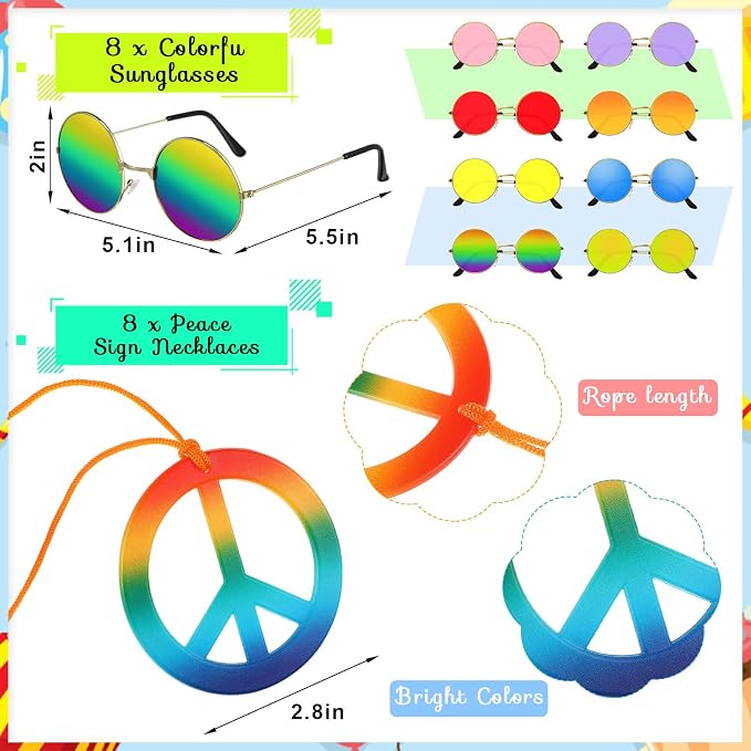 MTLEE 24 Pcs Hippie Costume Set Accessories Includes Peace Sign Necklaces Tie - Image 3