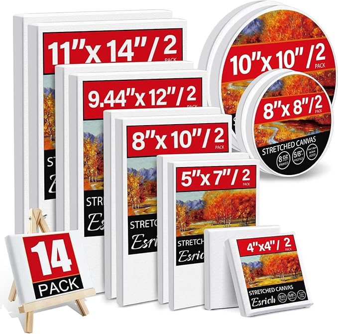14 Packs Stretched Canvases for Painting, Multi Pack 11x14, 9.44x12, 8x10, 5x7, 4x4, Round Canvas with 8x8,10x10(2 of Each), Blank Primed Canvas, for Oil Paint, Acrylic Paint, for Beginners, Artists.