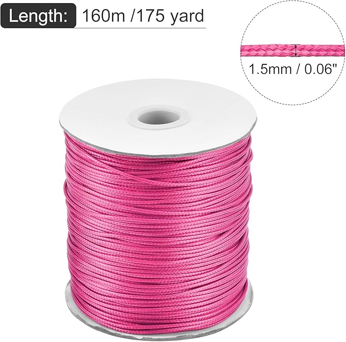 MECCANIXITY Waxed Cord 1.5mm Waxed Polyester Cord 175 Yard Wax String for Bracelet Making,Necklaces, Beading,Jewelry Making and DIY Crafts(Dark Pink)