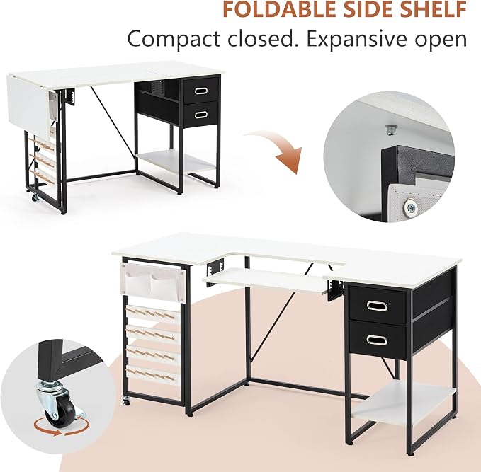 59" Folding Sewing Table with Adjustable Tabletop and Foldable Side Shelf | - Image 3