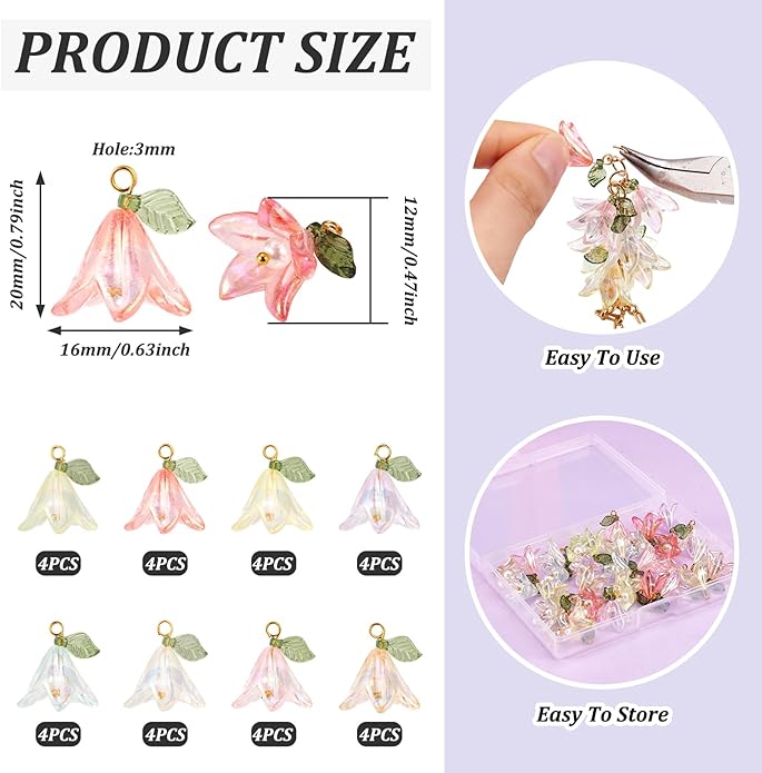 Cheriswelry 32Pcs Acrylic Flower Pendants Lily Floral Plastic Dangle Charms - Image 2