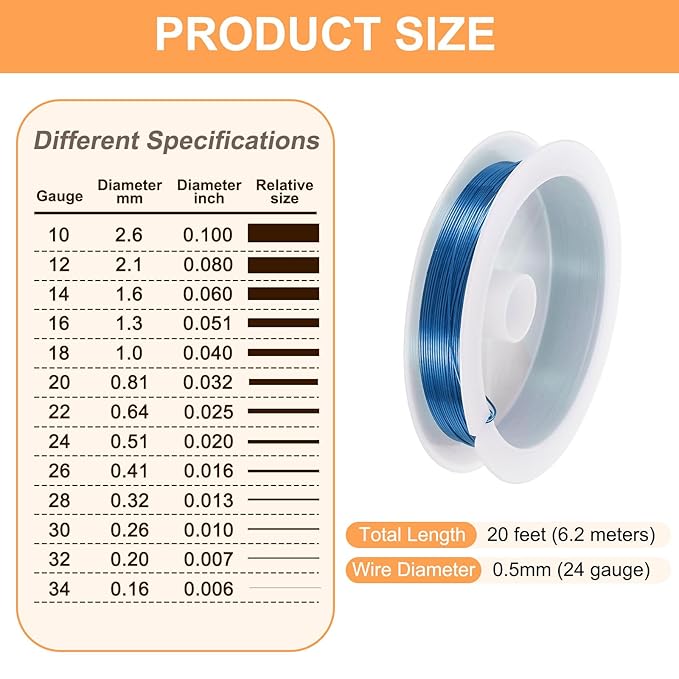 HARFINGTON 20ft Jewelry Wire, 24 Gauge (0.5mm) Brass Craft Soft Metal Tarnish Resistant Copper Beading Wire for Jewelry Making Supplies Crafting, Blue