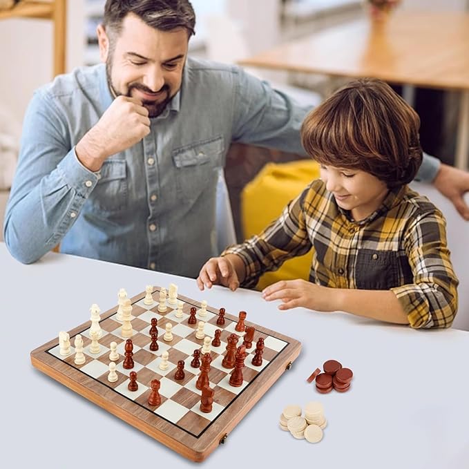 MerryPony 2 in 1 Magnetic Wooden Chess and Checkers Set, 15" Foldable Chess set for Adults & Kids, Chess Board with 2 Extra Queens, Travel Chess Set with Pieces Storage Slots, Ideal Chess for Beginner