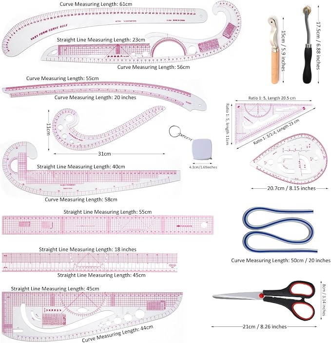 HLZC French Curve Ruler for Pattern Making, 15 Pieces Clear Sewing Ruler Set - Image 6
