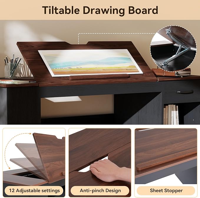 Verano Garden 55.1" Drafting Table, Craft Art Table, Computer Desk | Storage - Image 4