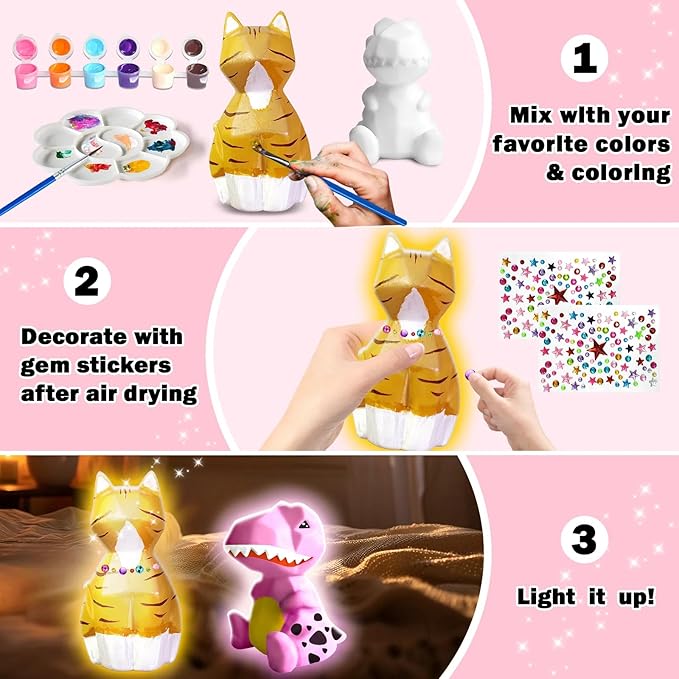 FUNZBO 2Pcs Paint Your Own Dinosaur & Cat Lamp - Halloweens Arts and Crafts Supplies Painting Kits for Kids Teen, DIY Night Light Toy for Toddler Girl Boy Age 3 4 5 6 7 8 9 10 11 12 13 + Birthday Gift