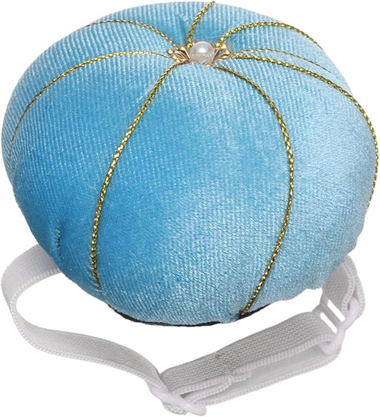 HARFINGTON Wrist Pin Cushion Wristband Sewing Pincushion Polyester Pin Holder Wearable Pumpkin Shaped Needles Wristband for Sewing Quilting Needlework DIY Crafts, Light Blue