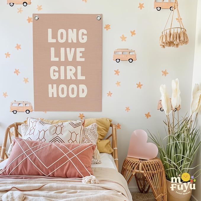 Long Live Girlhood Linen Canvas Banner, Girls Room Decor, Girls Nursery Decor, Nursery Playroom Wall Hanging Flag for Kids Bedroom Toddler Decorations Girl Room 18x25 Inch