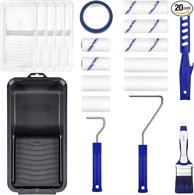 20pcs Small Paint Roller Kit, 4“ 2” Mini Roller Paint Brush with Special Caved-in Edge Foam, Microfiber Rollers and Versatile Paint Tray for Painting Walls, Cabinet, Touch up